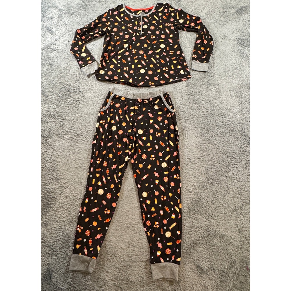Cuddl Duds Womens Small Candy Print Pajama Set Black Henley Top Joggers S